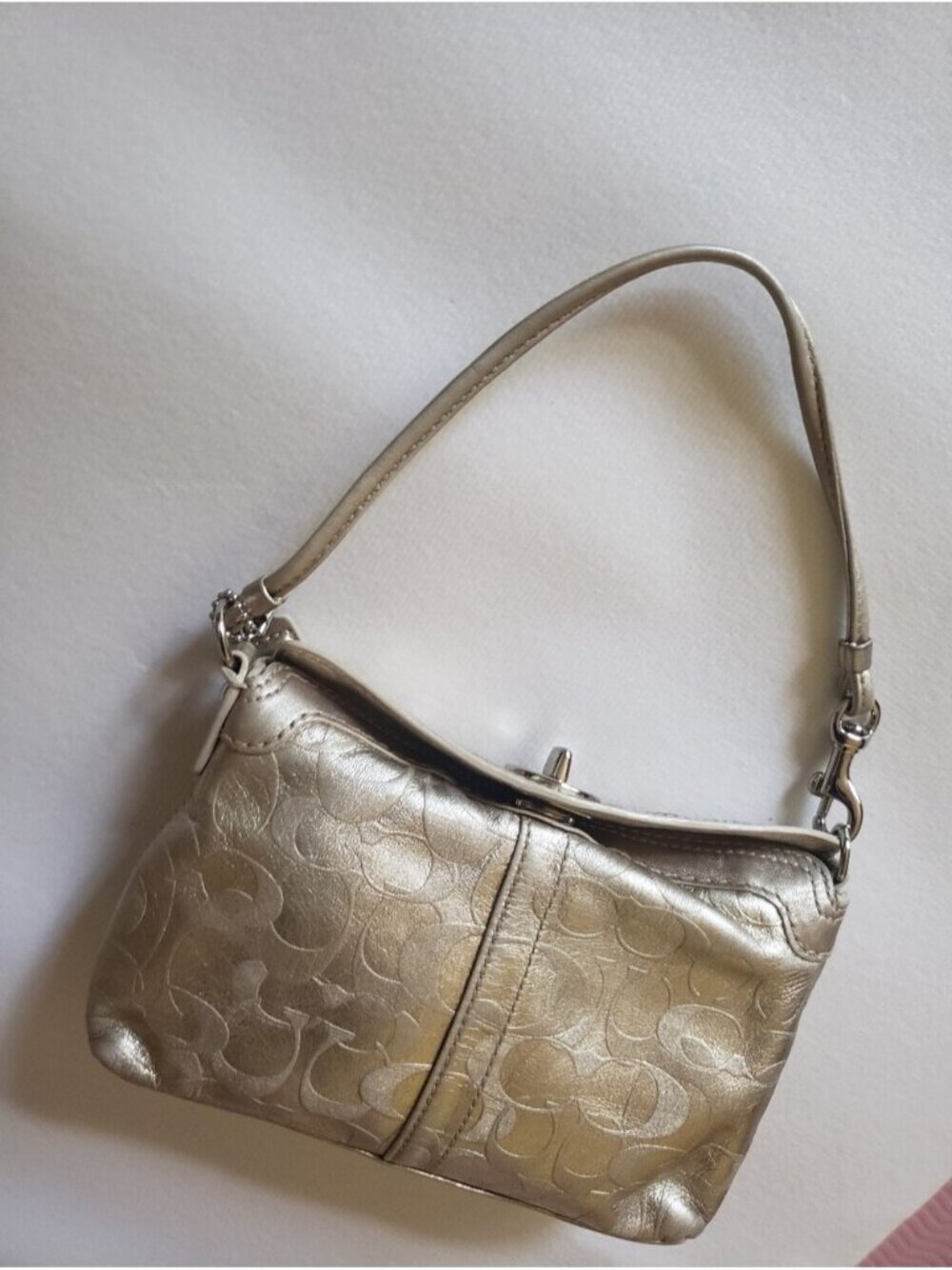 Coach Signature Gold Leather Legacy Foldover Wristlet Turnlock Mini Bag